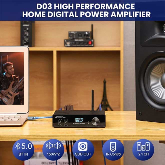 آمپلی فایر بلوتوث همراه دک صوتی و خروجی ساب ووفر AIYIMA D03 Bluetooth 5.0 Power Amplifier 150 Watt x 2 Stereo — تصویر ۳