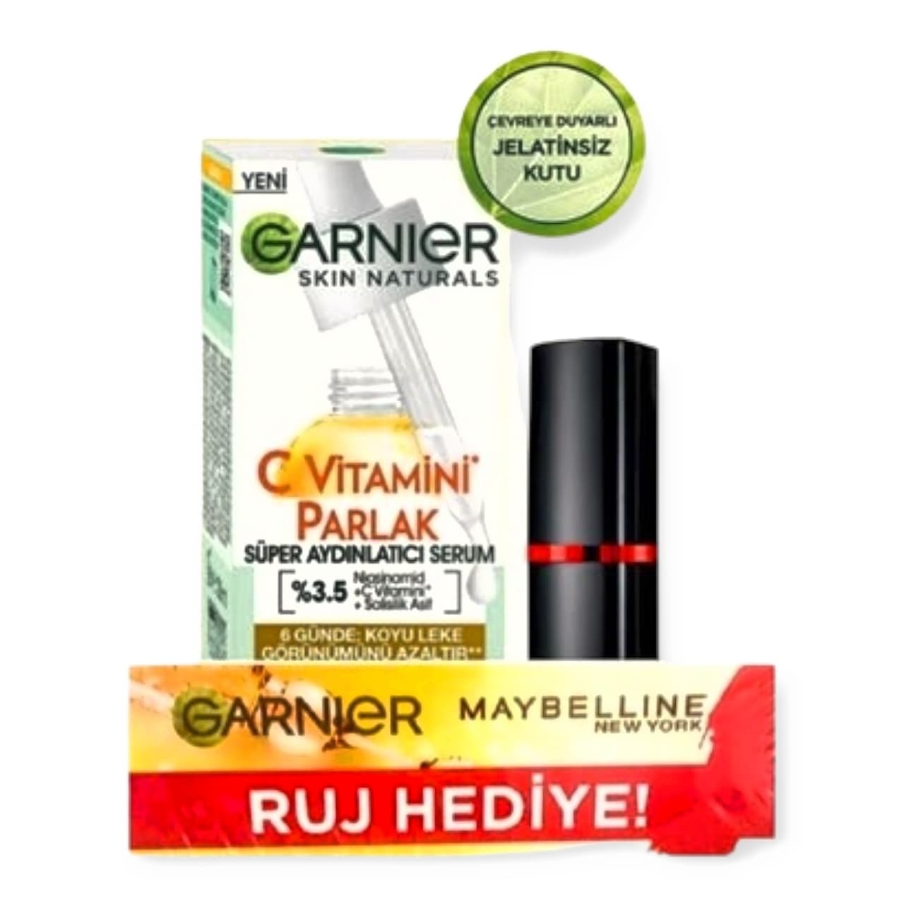 پک سرم ویتامین سی گارنیرGARNIER همراه رژ لب میبلین MAYBELLINE