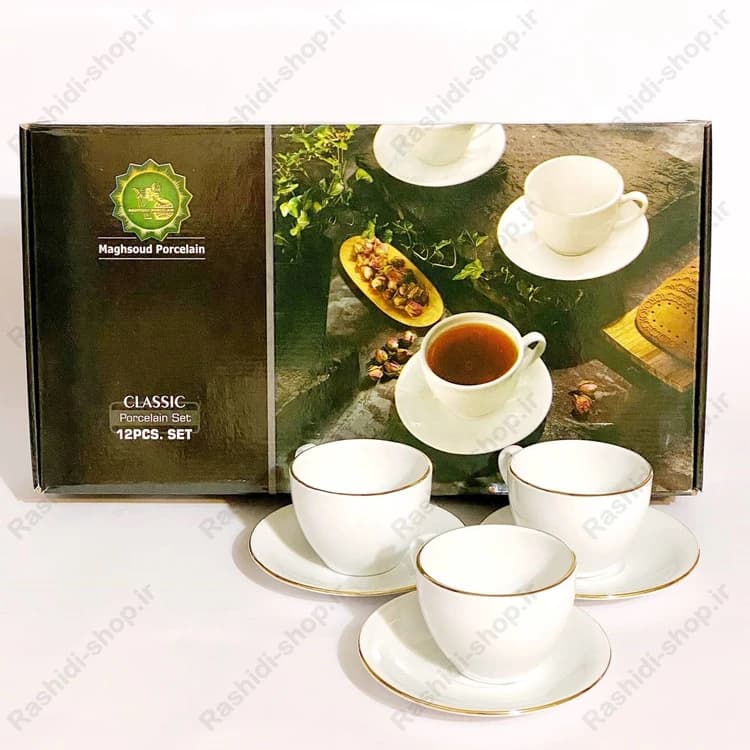 سرویس چایخوری 12 پارچه 6 نفره چینی مقصود مدل لب طلا کد B16491