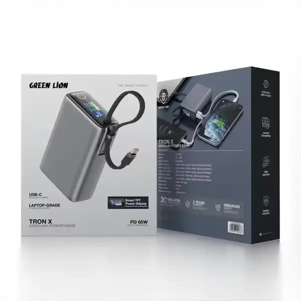 پاروبانک 65 وات 20000 با کابل تایپ سی گرین لاین GNTRX20P65GY — تصویر ۳
