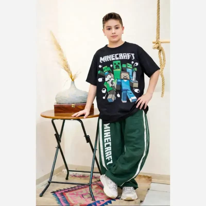 ست تیشرت و شلوار پسرانه طرح ماینکرفت جنس پنبه مناسب 4 تا 14 سال — تصویر ۳