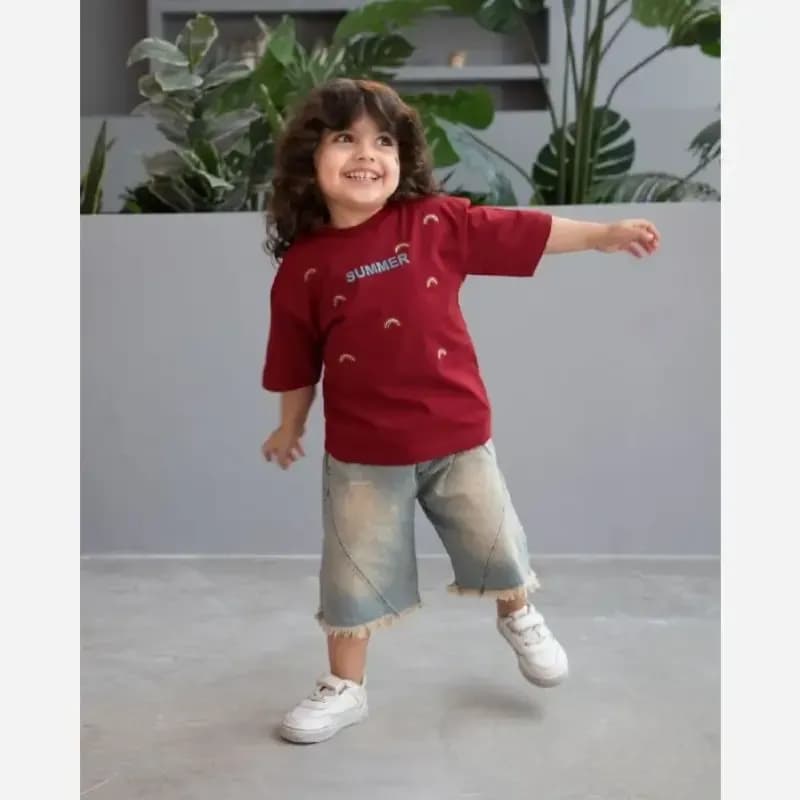 تیشرت و شلوارک جین کاغذی دخترانه طرح گیلاس سایز 35 و 40 — تصویر ۵
