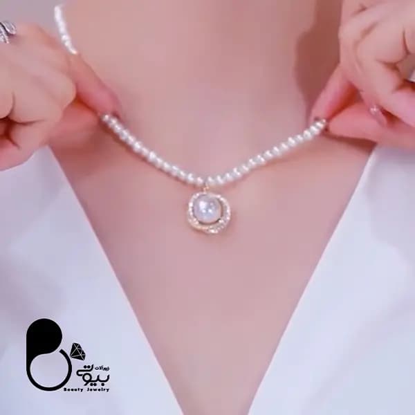 گردنبند زنانه استیل مروارید کامل — تصویر ۳
