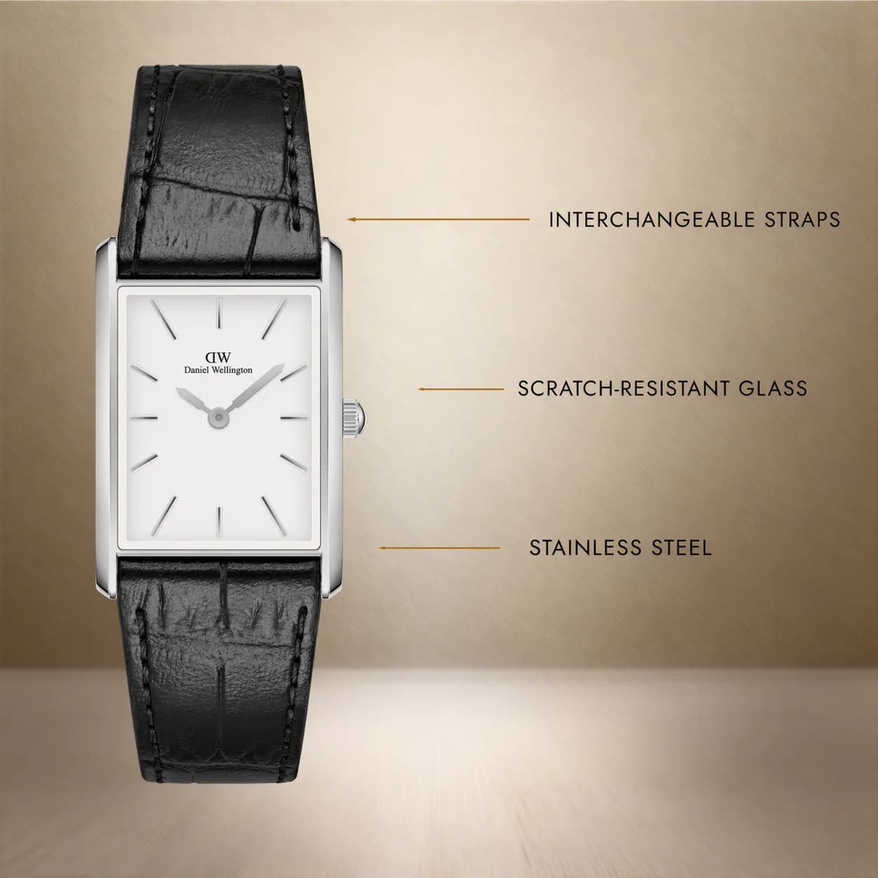 ساعت مچی زنانه دنیل ولینگتون (Daniel Wellington) مدل DW00100697 (کالکشن Quadro، قاب نقره‌ای، بند چرم مشکی) — تصویر ۷