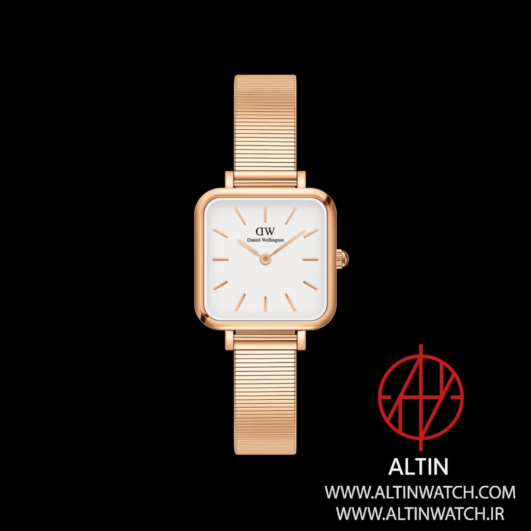 ساعت مچی زنانه دنیل ولینگتون (Daniel Wellington) مدل DW00100517 (کالکشن Quadro، قاب چهارگوش رزگلد، بند حصیری)
