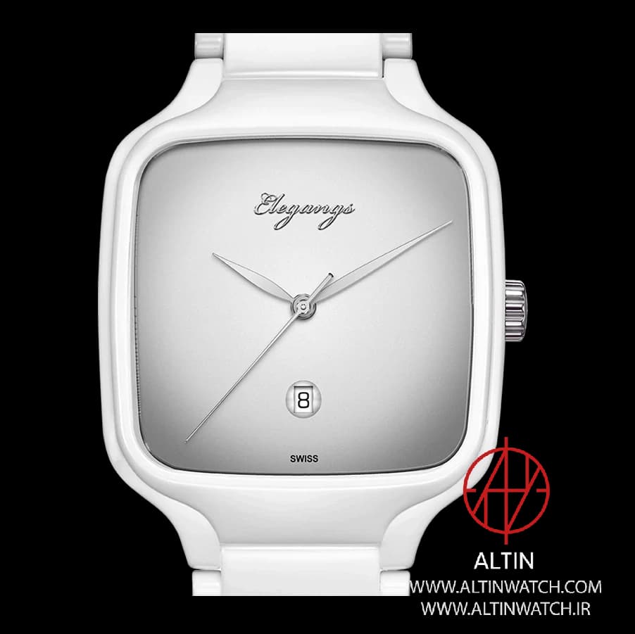 ساعت مچی مردانه کلاسیک الگنگز (Elegangs) مدل SP8362-101 (تمام سفید، قاب کوسنی، مینیمال) — تصویر ۲