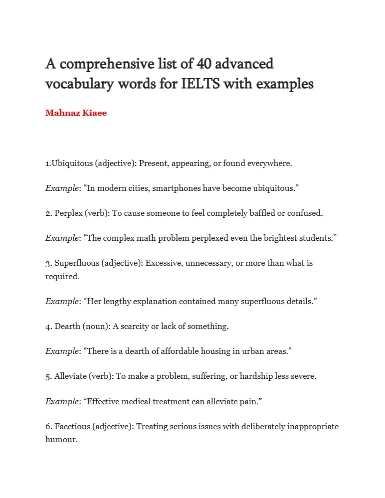 کتاب A Comprehensive List of 40 Advanced Vocabulary Words for IELTS (فهرست جامع ۴۰ واژه پیشرفته برای آیلتس) نسخه انگلیسی PDF