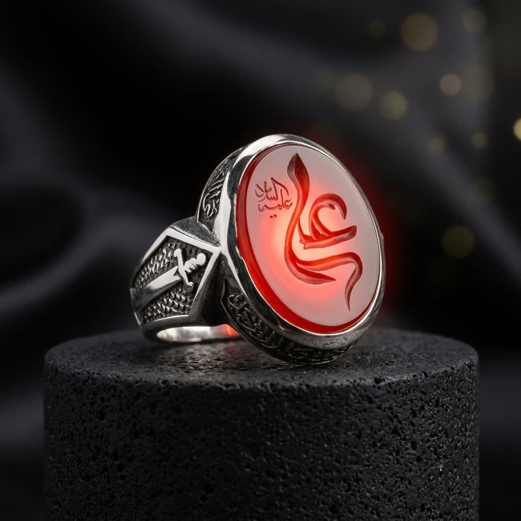 انگشتر آلیاژی باسنگ عقیق قرمز حکاکی علی (علیه السلام) کد 5481