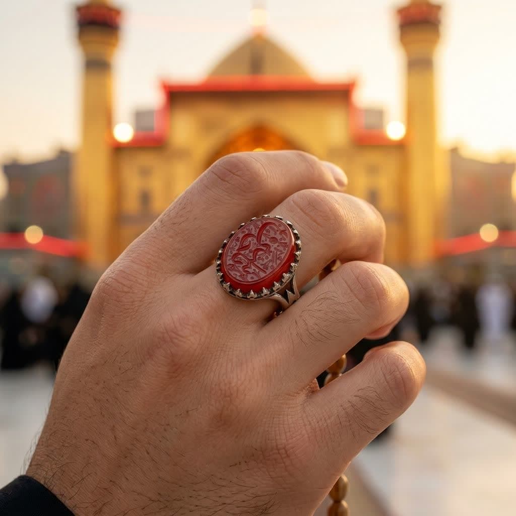 انگشتر آلیاژی باسنگ عقیق قرمز حکاکی یاحسین کد 5485 — تصویر ۲