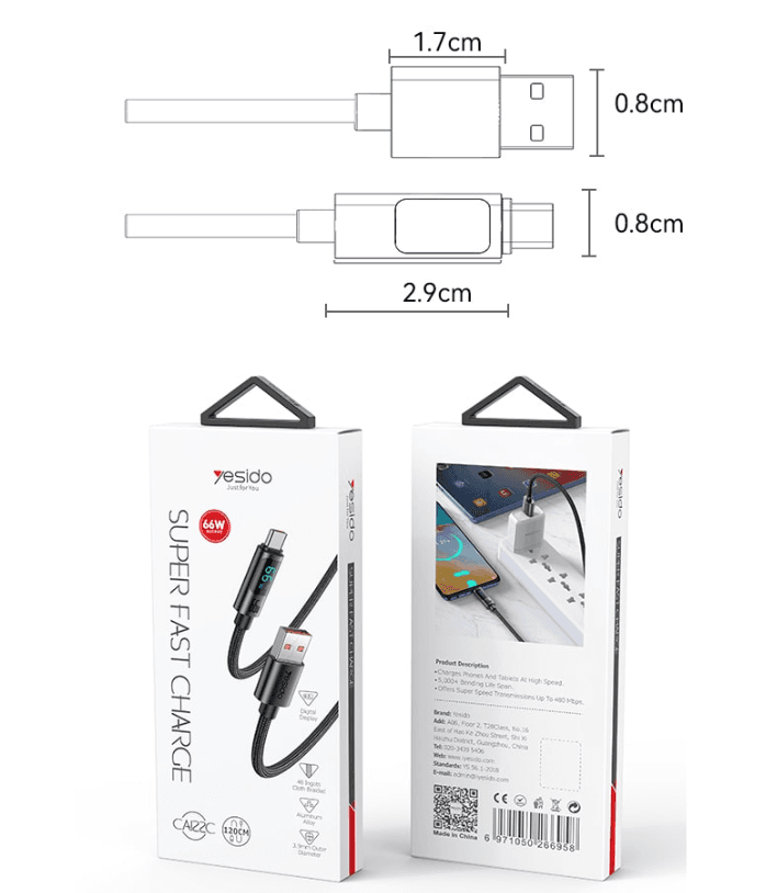 کابل USB به Type-C یسیدو مدل CA122 TC طول 1.2 متر 66W — تصویر ۴