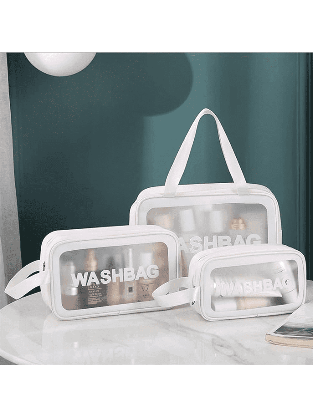 کیف استخر واش بگ ( wash bag ) زنانه و دخترانه بصورت ضد آب سفید رنگ شفاف — تصویر ۵
