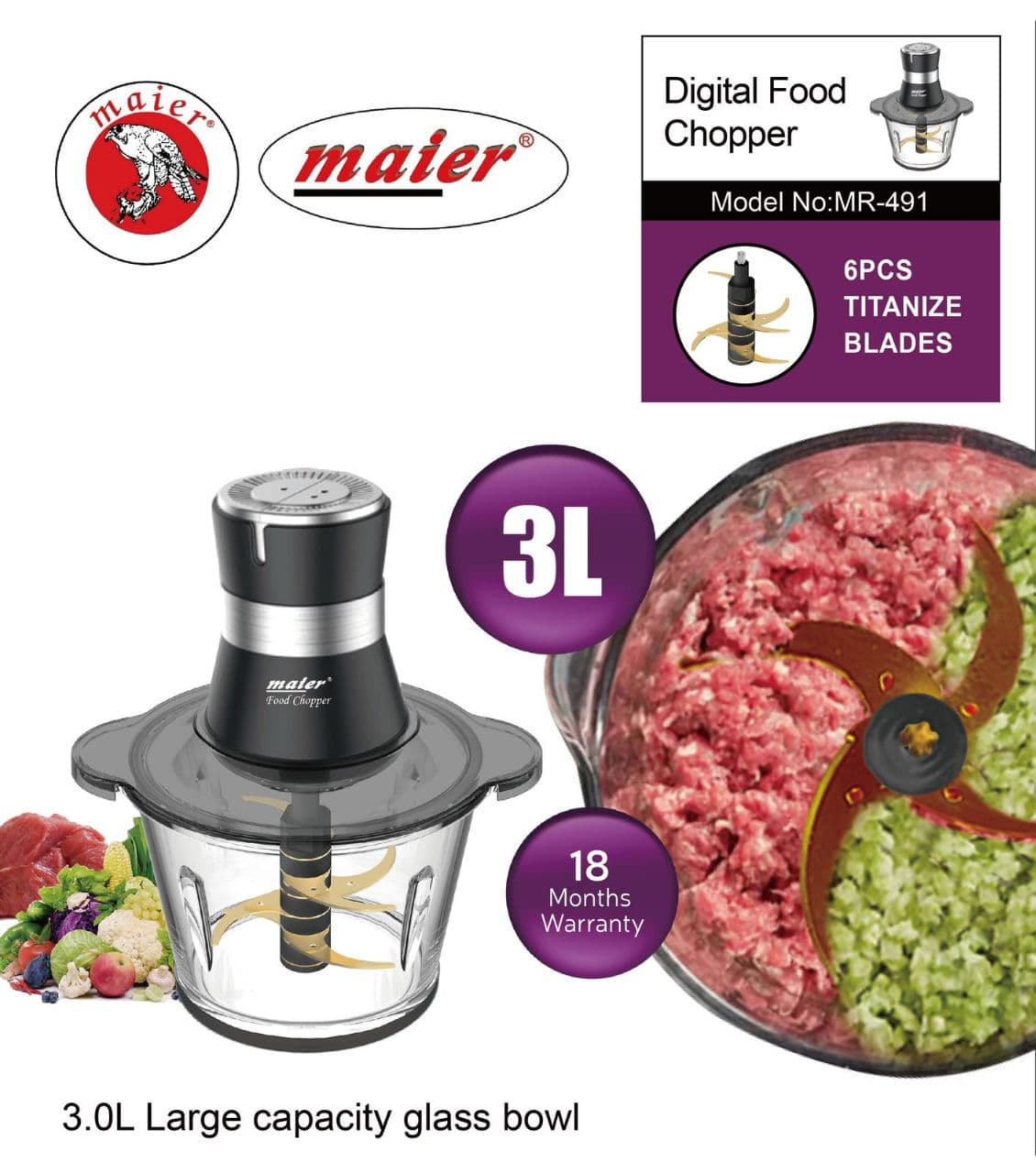 خردکن مایر MR491 | خردکن ۳ لیتر با ۶ تیغه استیل ضدزنگ