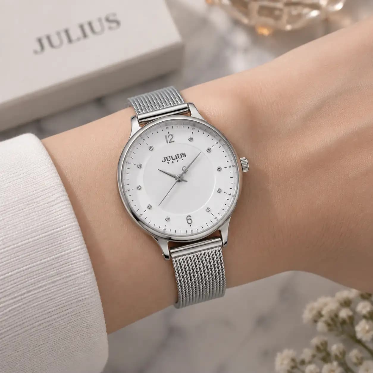 ساعت جولیوس زنانه JA-1060A استیل با بند حصیری موتور تک حالته صفحه سفید — تصویر ۳