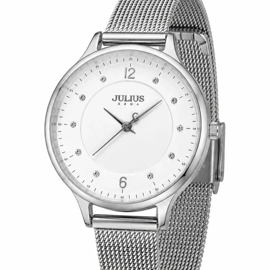 ساعت جولیوس زنانه JA-1060A استیل با بند حصیری موتور تک حالته صفحه سفید — تصویر ۲