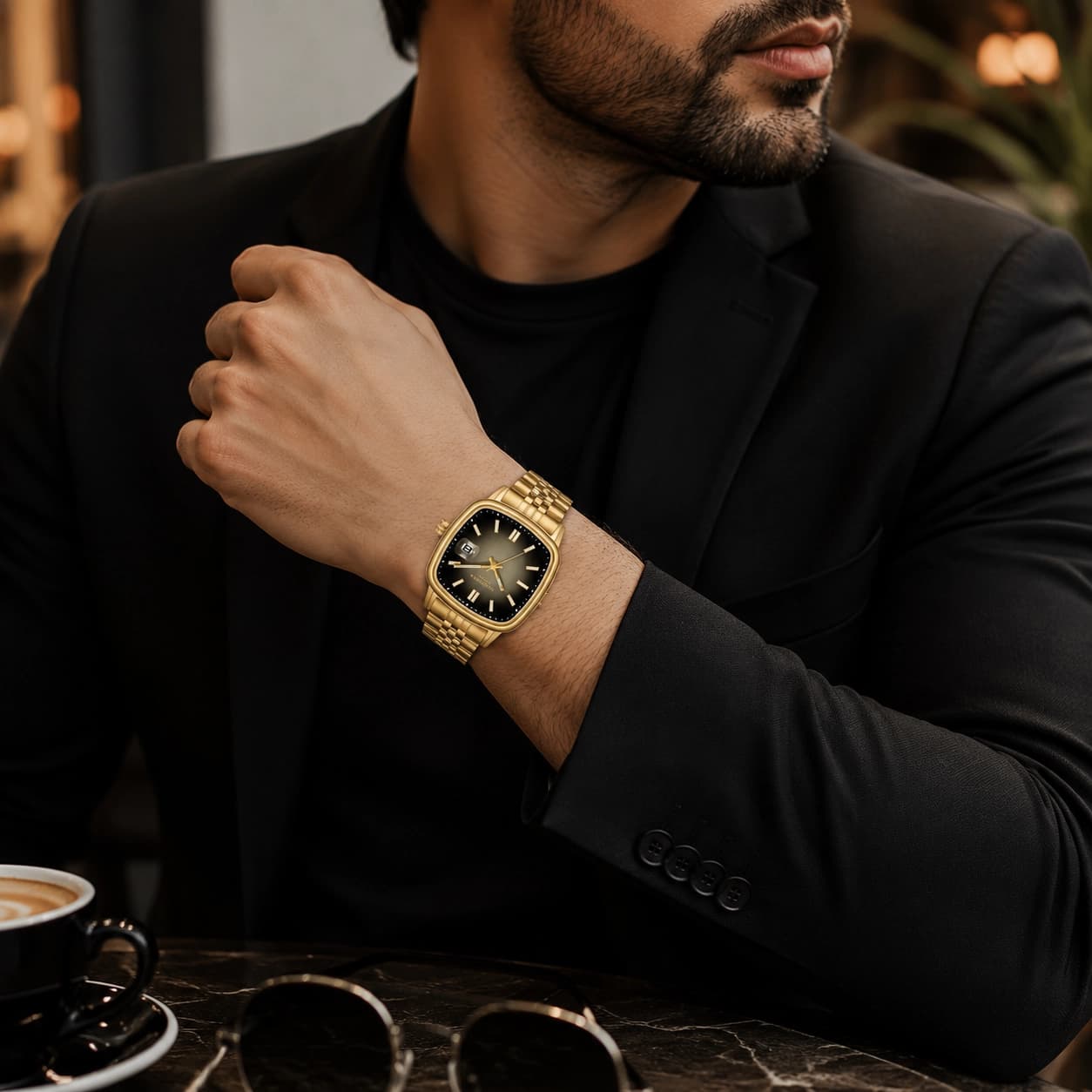 ساعت leecooper مردانه lco8306-110 فریم مربعی استیل گلد موتور تک حالته صفحه ای مشکی طلایی — تصویر ۴
