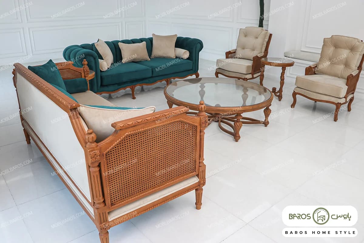 مبل کلاسیک ۸ نفره کاجی و راحتی چستر و فرانسوی