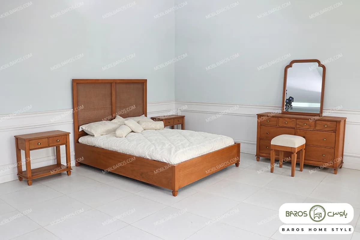سرویس خواب دو نفره چوبی حصیری رونیا کد ۳