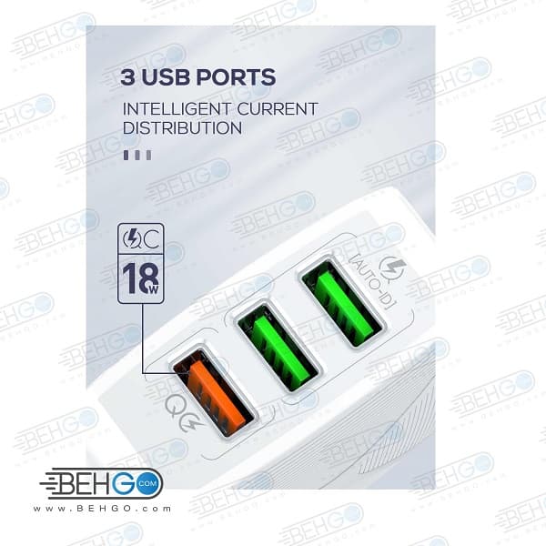شارژر دیواری اصلی برند الدینیو مدل LDNIO A3310Q به همراه کابل ایفون LDNIO A3310Q DUAL USB CHARGER WITH IOS CABLE — تصویر ۳