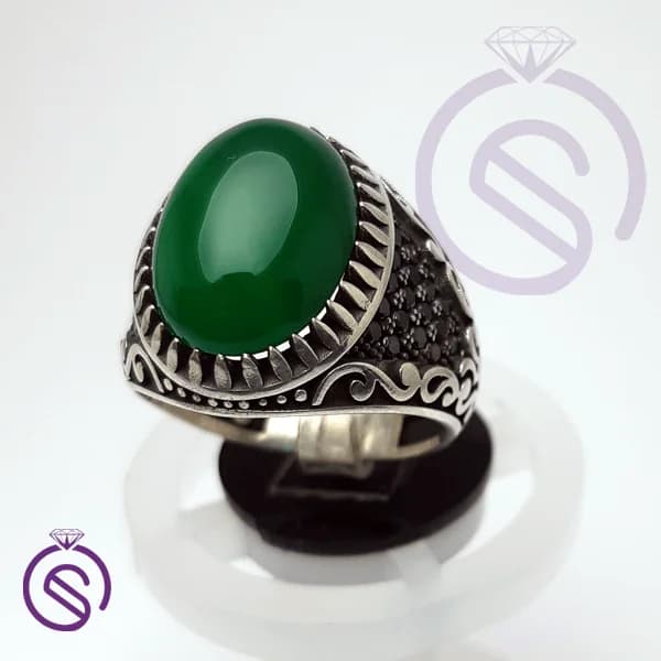 انگشتر نقره عقیق سبز مردانه مدل داریوش کد 62138