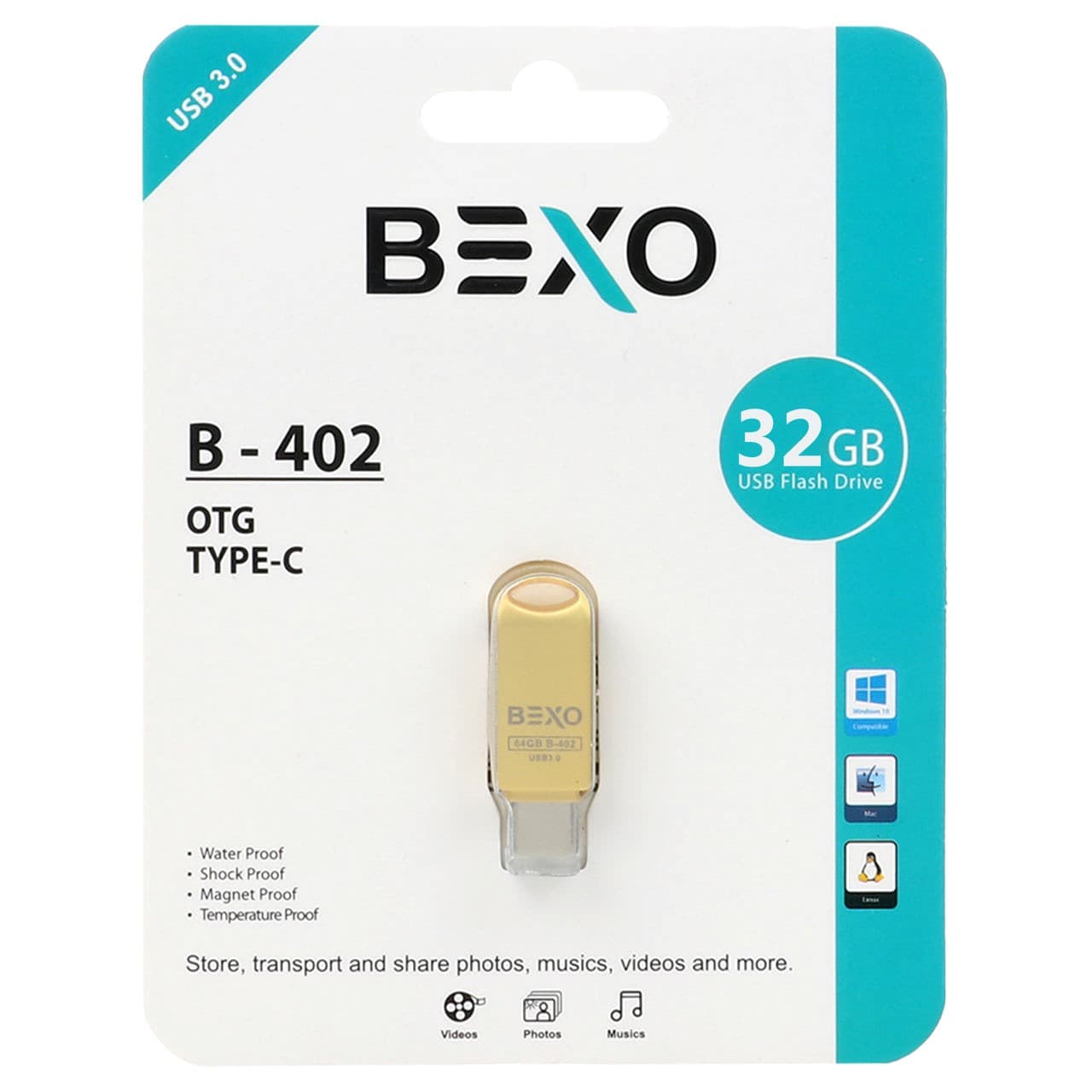فلش 32گیگ Bexo B-402 USB3 OTG Type-C Gold — تصویر ۲