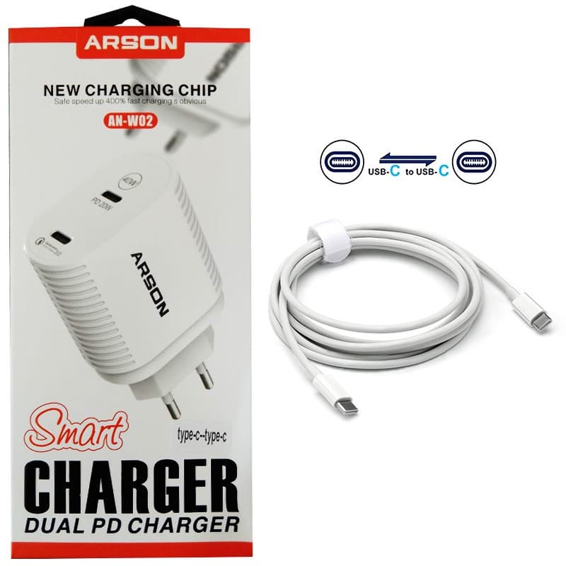 آداپتور شارژ 2 پورت با کابل 2 سر Type C فست 40W PD QC3.0 Arson AN-W02 — تصویر ۲