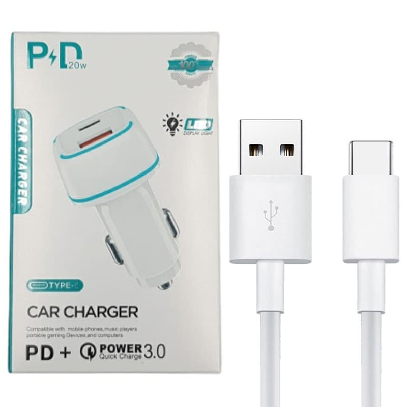 شارژر فندکی 2پورت 1پورت TYpe C فست LED دار با کابل TYpe C PD QC3.0 20W YY-C01 — تصویر ۲