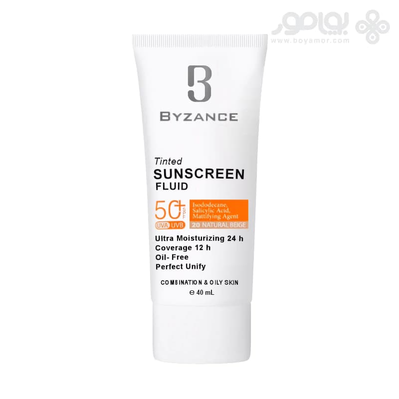 فلوئید ضد آفتاب رنگی بیزانس SPF50 شماره 20 رنگ بژ طبیعی حجم 40 میل