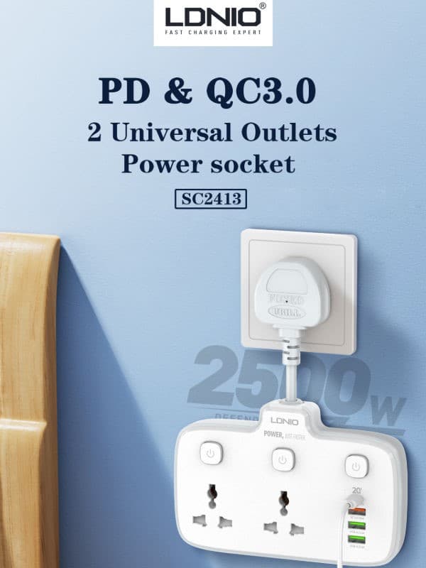 چندراهی 2 خروجی و 3 پورت USB2.0 و پورت Type-c Ldnio SC2413 PD QC3.0 2Auto-ID — تصویر ۳
