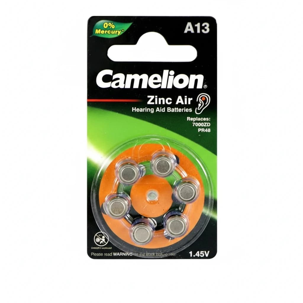 باتری سمعک Camelion مدل A13 بسته‌ی ۶ عددی با ولتاژ 1.45V و نوع Zinc Air