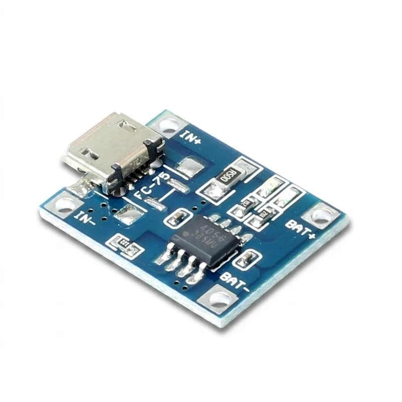 ماژول شارژر مدل TC4056، با ورودی Micro USB، قابلیت تغییر جریان شارژ و قطع خودکار شارژ، دارای 2 LED نشانگر وضعیت باتری