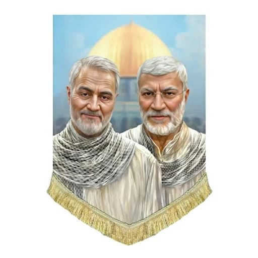کتیبه مخمل عمودی نقاشی سرداران شهید حاج قاسم سلیمانی و ابومهدی المهندس