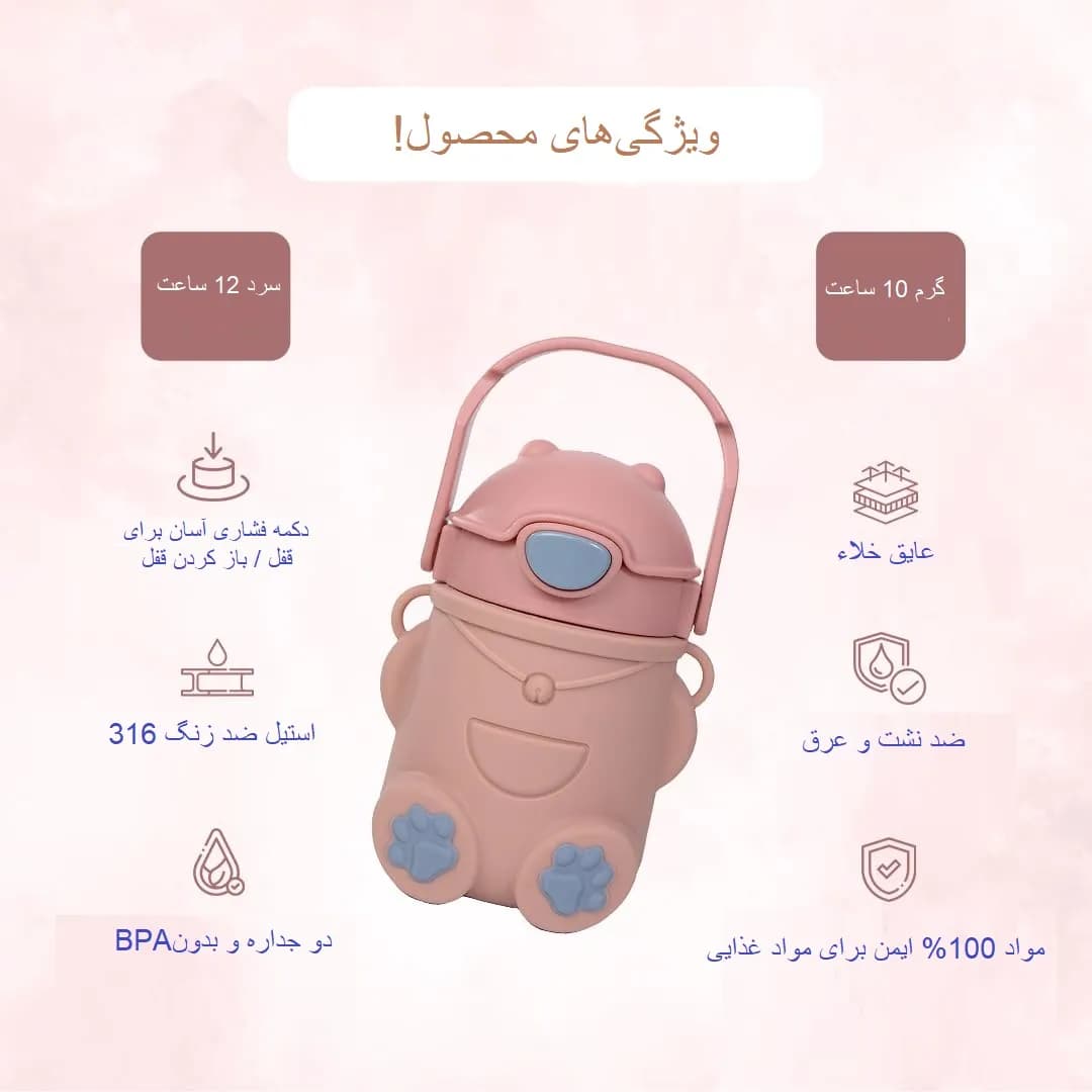 قمقمه خرسی تدی استیل ضد زنگ 316 با روکش سیلیکونی 500 میلی‌لیتری — تصویر ۸