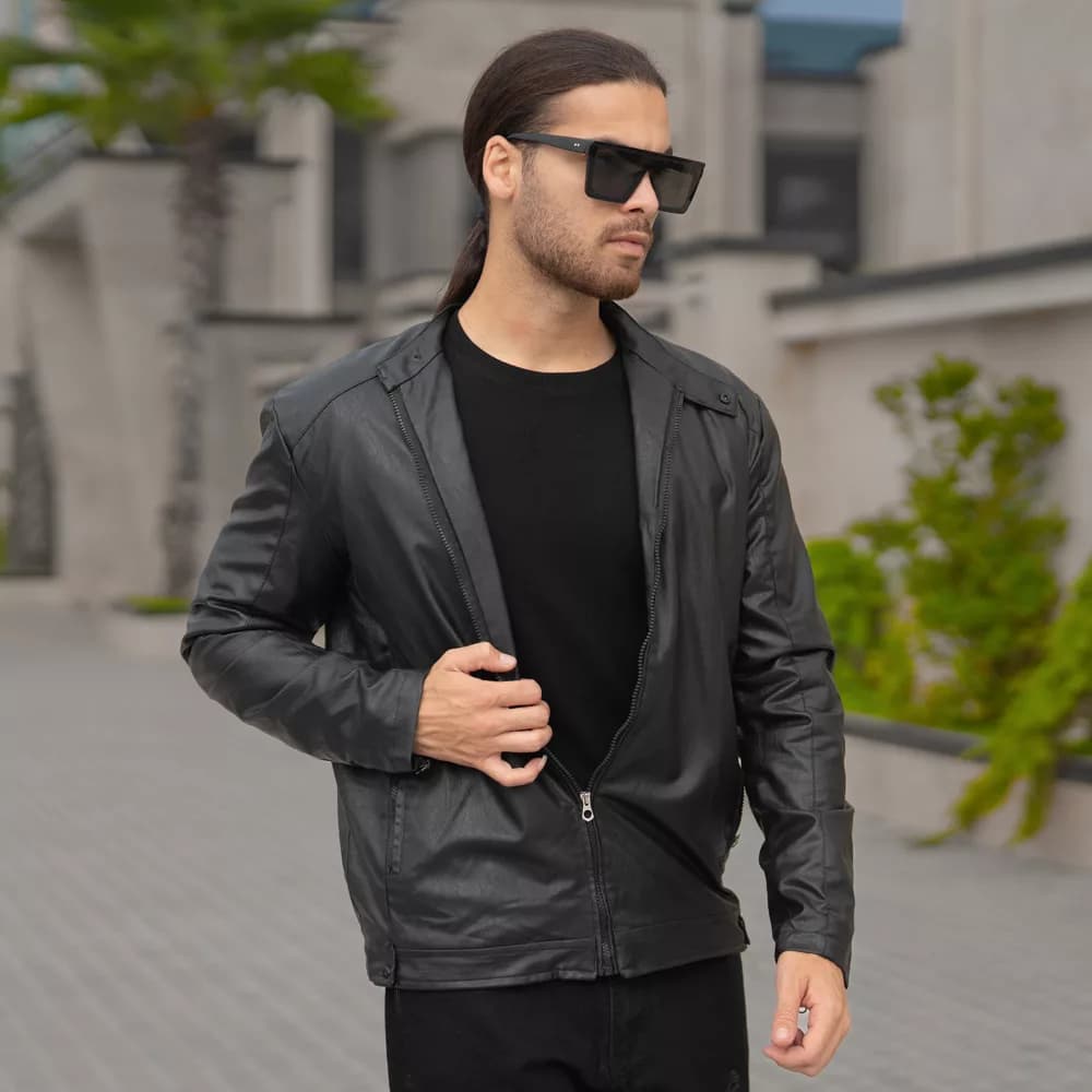کاپشن چرم مردانه مشکی کد 27685 — تصویر ۸
