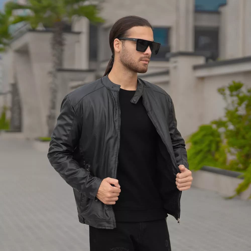 کاپشن چرم مردانه مشکی کد 27685 — تصویر ۲