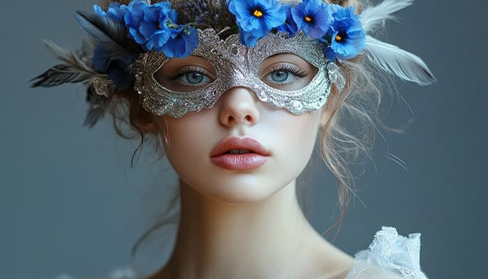 تصویر پس زمینه کلوزآپ دختر جوان با ماسک نقره ای