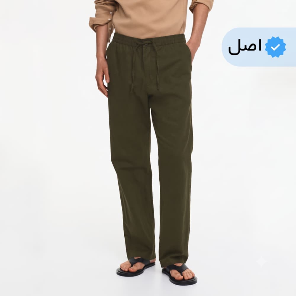 شلوار لینن مردانه نیم بگ خنک و راحت برند H&M – سبز ارتشی — تصویر ۲