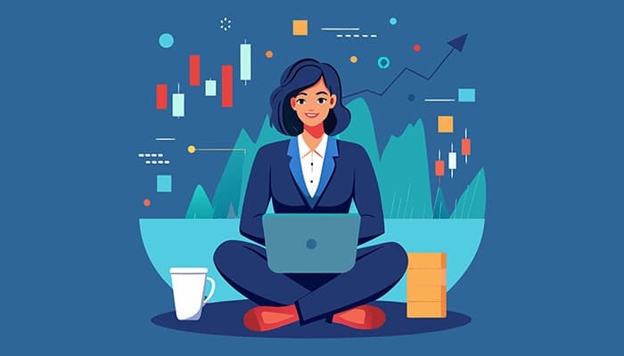 وکتور کاراکتر کارتونی دختر تریدر در حال ترید کردن