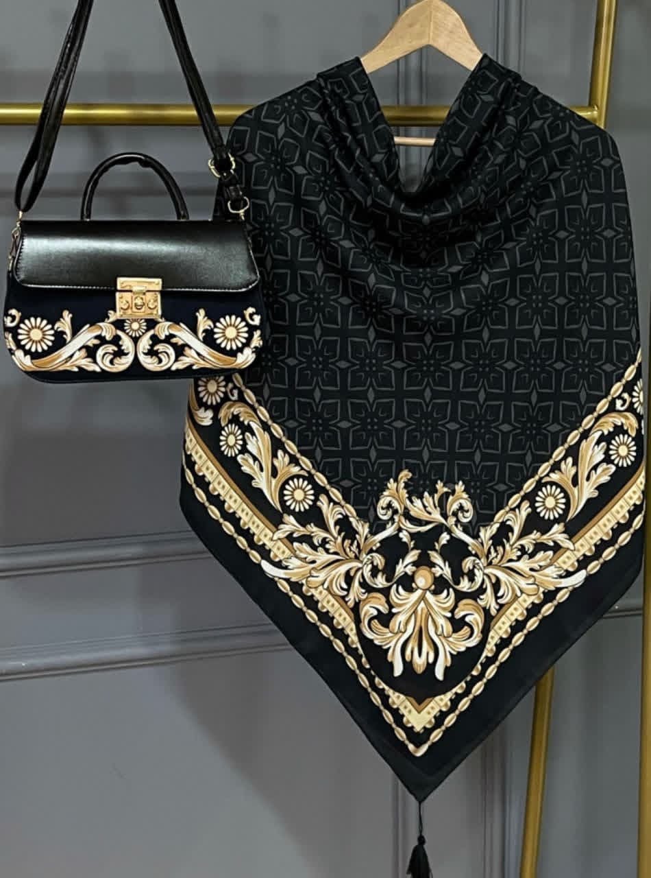 ست کیف و روسری زنانه طرح جدید روشا طلایی روسری زنانه طلایی کیفیت عالی کد mo1046