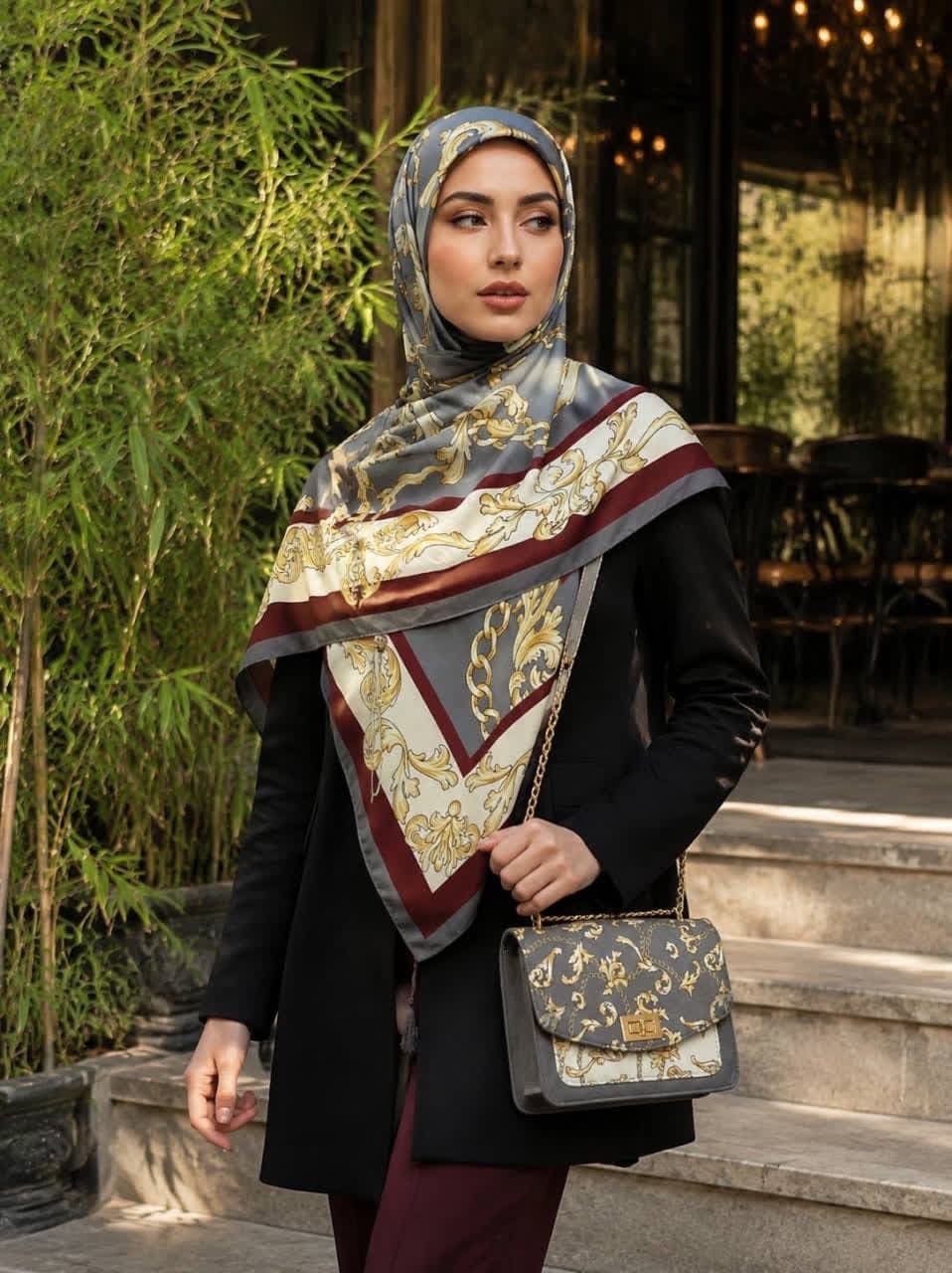 ست کیف و روسری زنانه طرح جدید گراند رنگ طوسی کیفیت عالی کد mo953