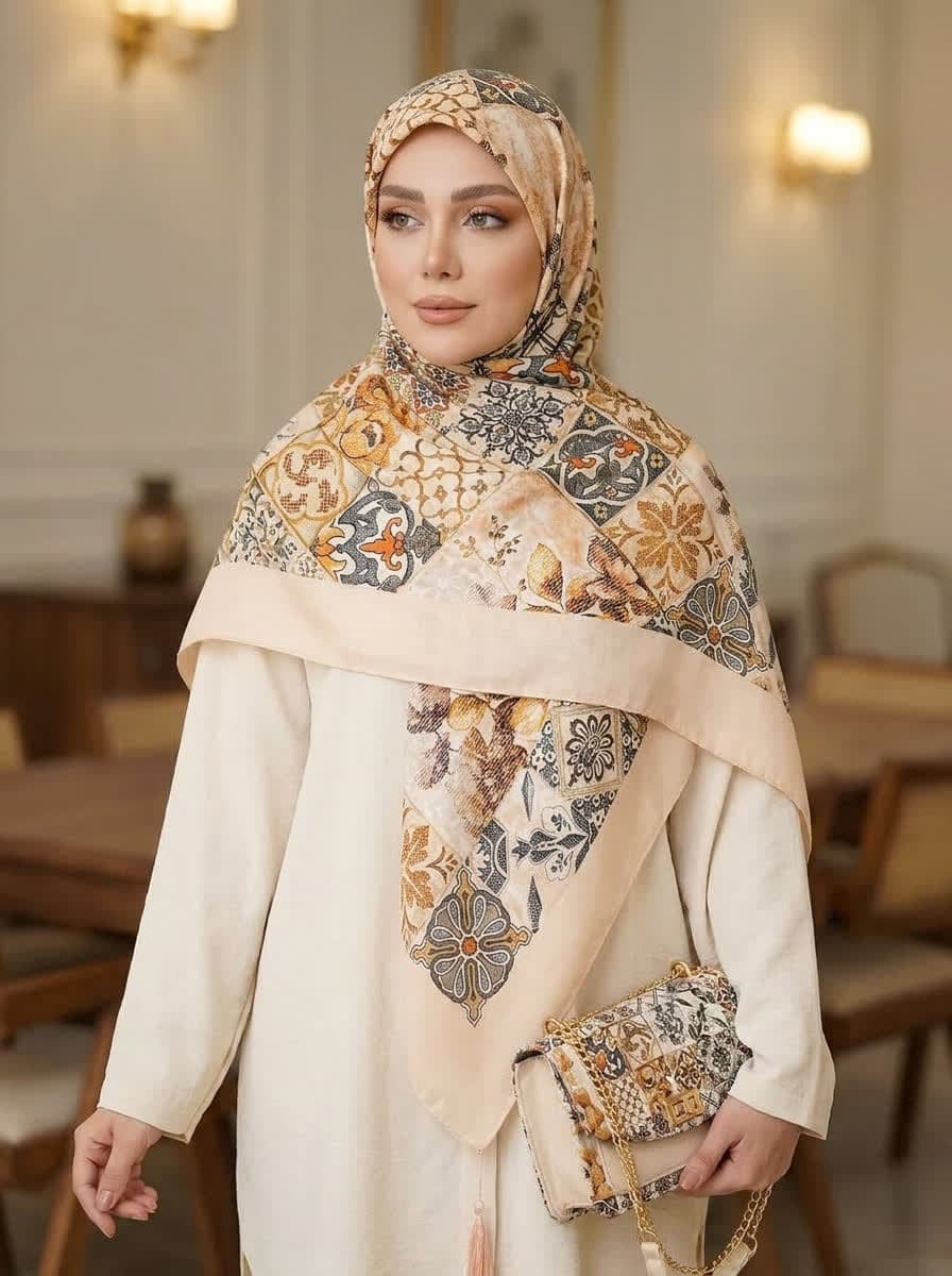 ست کیف و روسری زنانه طرح جدید هستیا رنگ کرم کیفیت عالی کد mo913