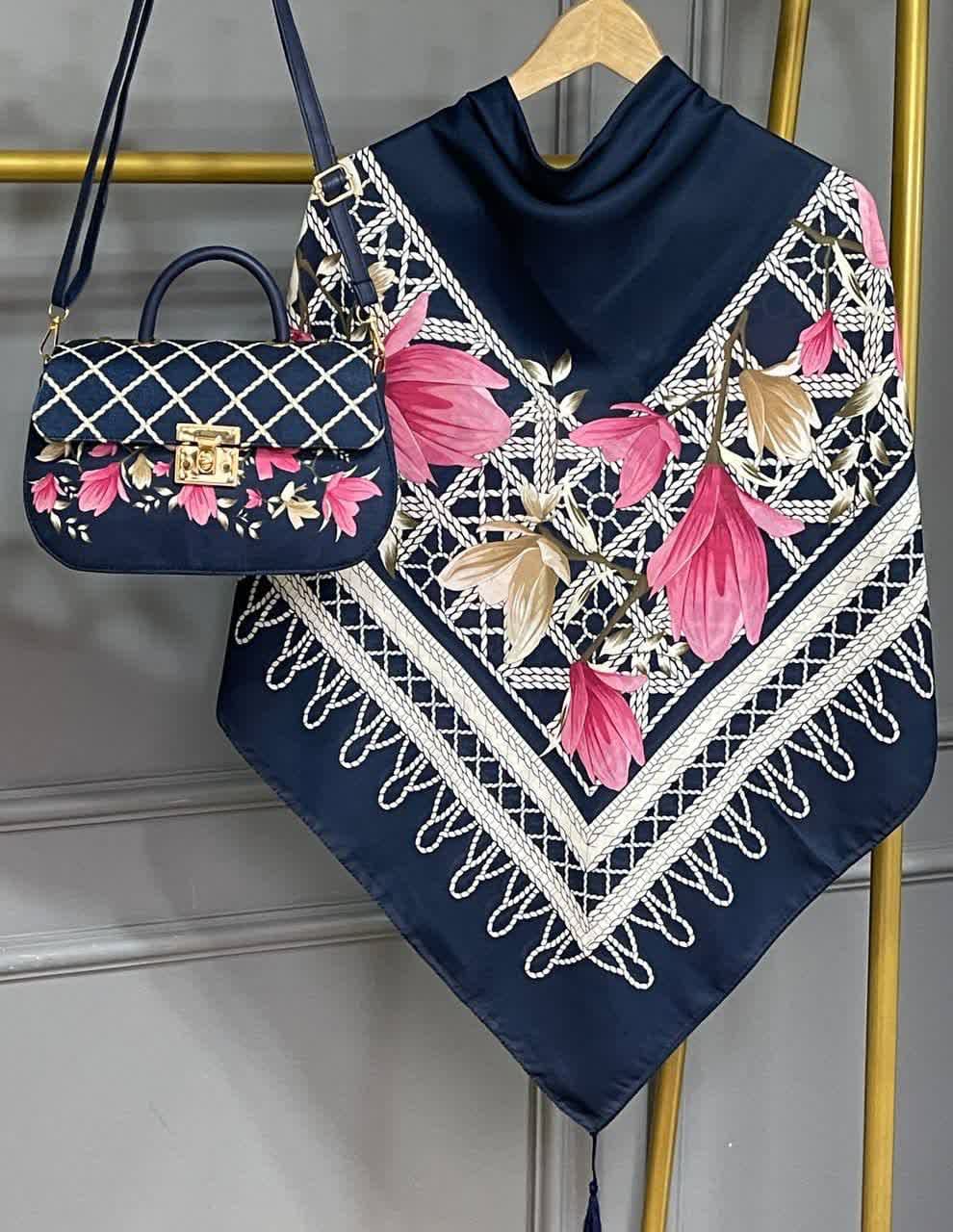 ست کیف و روسری زنانه طرح جدید لیلیوم استایل سرمه ای سرخابی کیفیت عالی کد mo910
