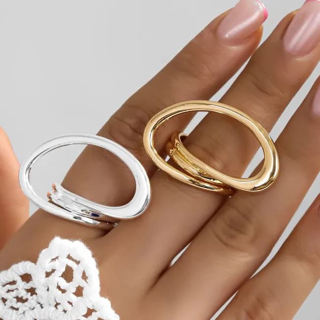 انگشتر زنانه فری سایز free size مدل درشت مینیمال رنگ نقره ای و طلایی تخت آبکاری نقره رنگ ثابت کد zmp