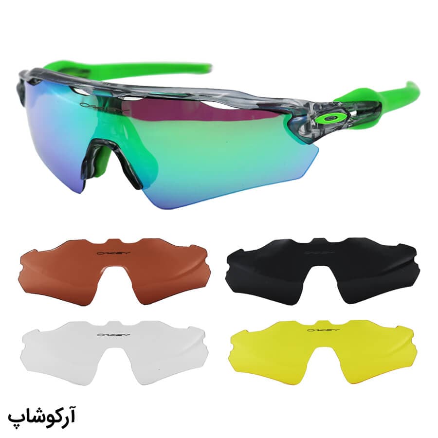 عینک ورزشی OAKLEY با فریم رنگ طوسی و سبز، 5 کاور لنز قابل تعویض و تجهیزات کامل مدل OO9275-06
