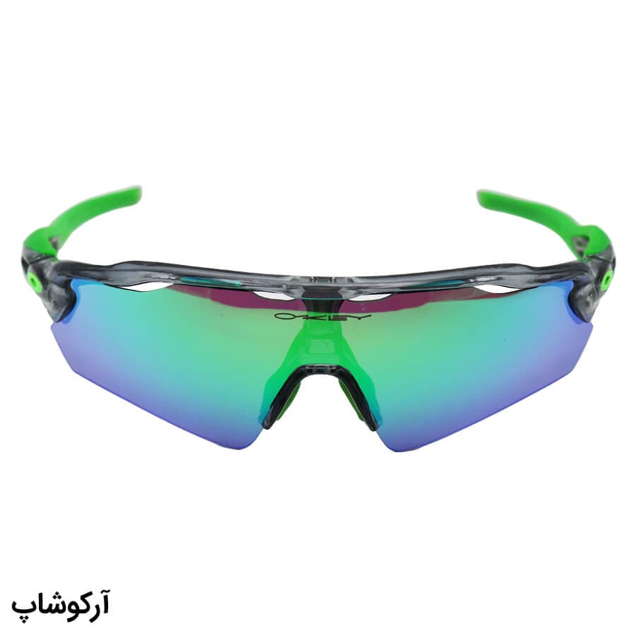 عینک ورزشی OAKLEY با فریم رنگ طوسی و سبز، 5 کاور لنز قابل تعویض و تجهیزات کامل مدل OO9275-06 — تصویر ۳