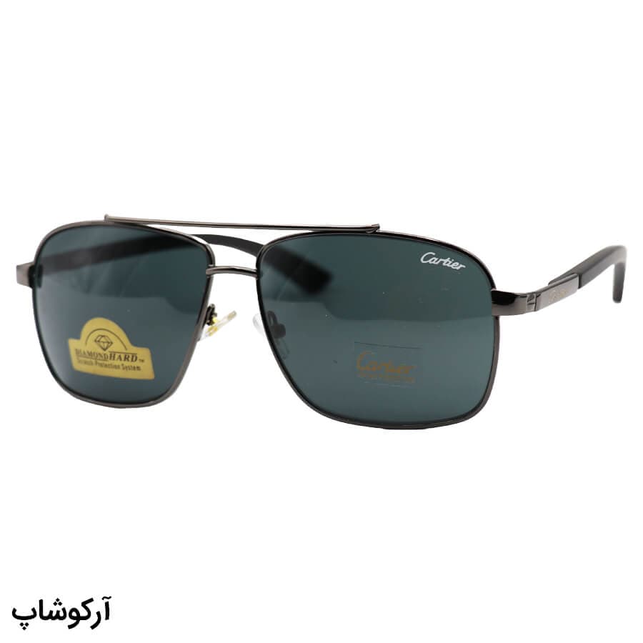 عینک آفتابی Cartier با فریم خلبانی، رنگ نوک مدادی، دسته چوبی و لنز شیشه و دودی تیره مدل 128-S62
