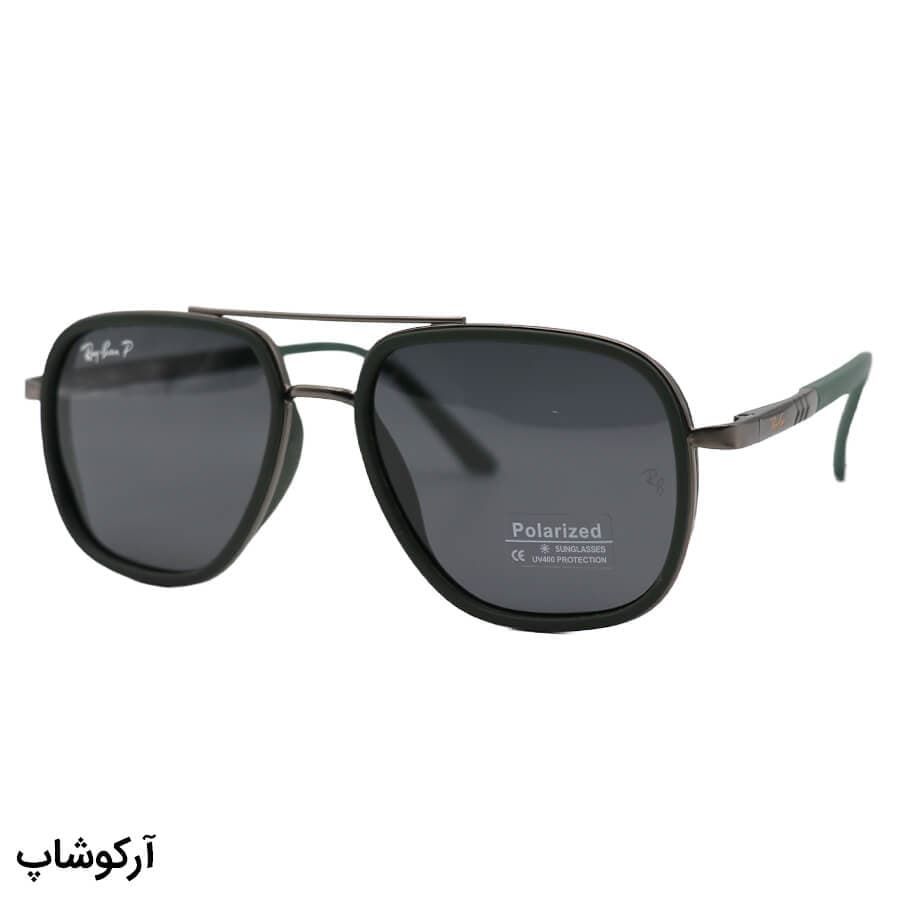 عینک آفتابی ریبن با فریم سبز و نوک مدادی، شکل چندضلعی، دسته فنری و لنز دودی تیره و پلاریزه مدل P9004