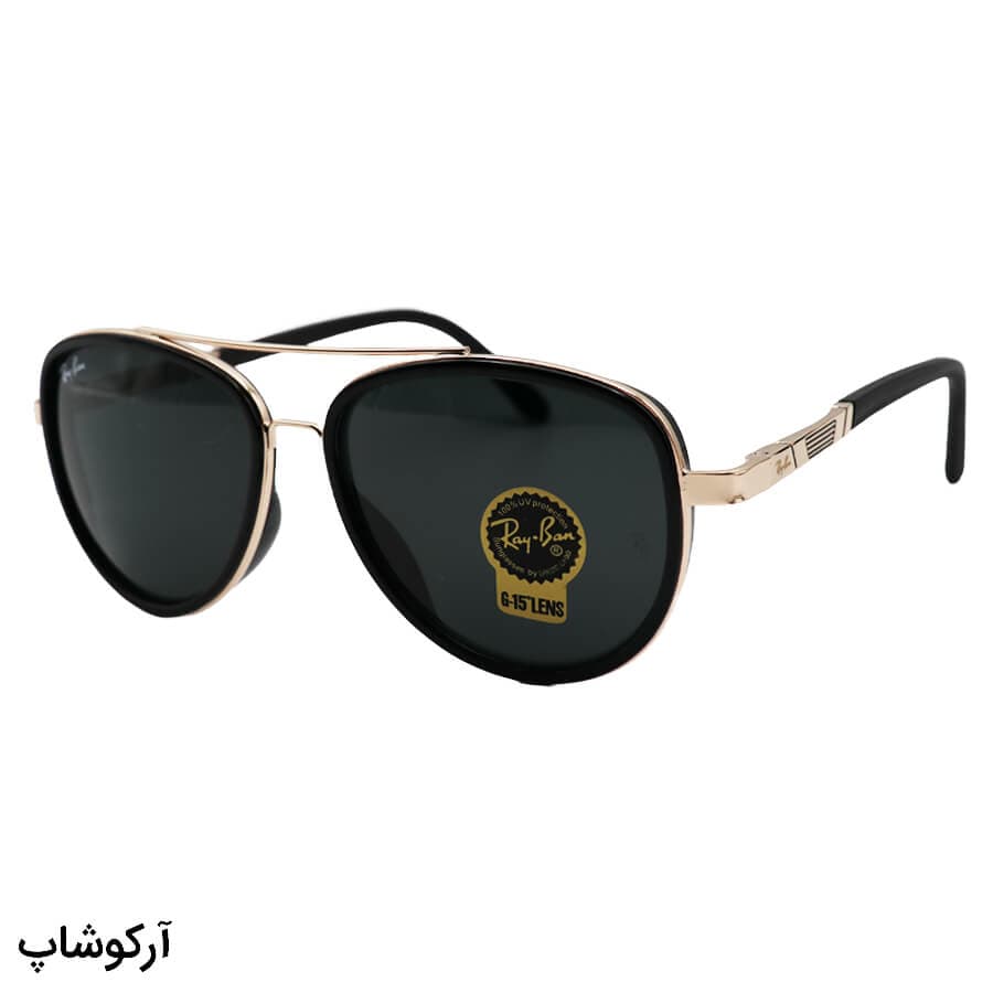 عینک آفتابی ریبن با فریم خلبانی، مشکی و طلایی رنگ، دسته فنری و لنز سنگ و دودی تیره مدل RB3115-1