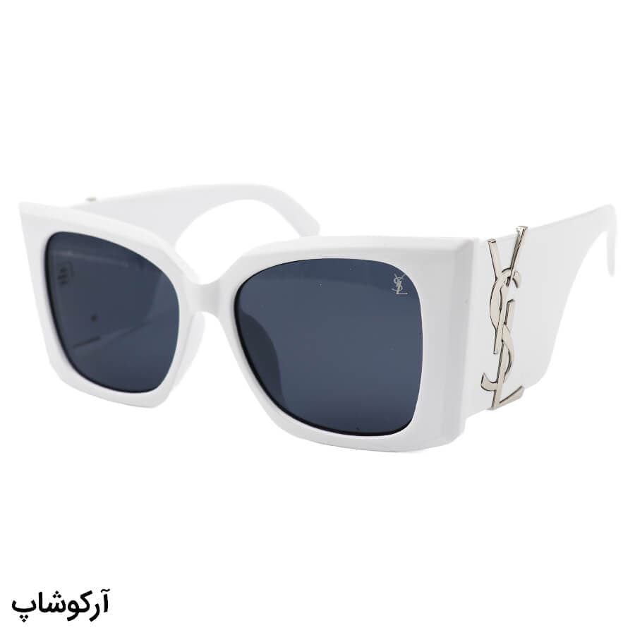 عینک آفتابی فانتزی YSL با فریم سفید رنگ، اور سایز، دسته پهن و لنز دودی تیره مدل 23015