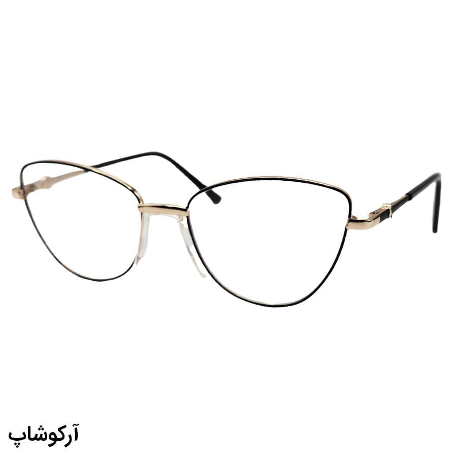 عینک طبی زنانه با فریم شکل چشم گربه‌ای، رنگ طلایی و مشکی و دسته فنردار بولگاری مدل 0701