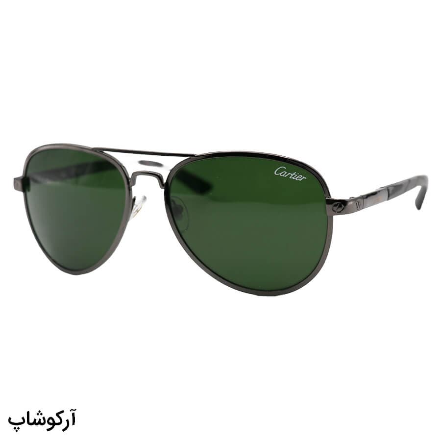 عینک آفتابی Cartier با فریم خلبانی نوک مدادی، دسته چوبی، لنز شیشهای (سنگ) و رنگ سبز تیره مدل T8200589B